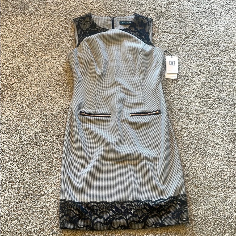 Ivanka Trump Sheath Dress Grey with Black Lace Accents NWT sleeveless